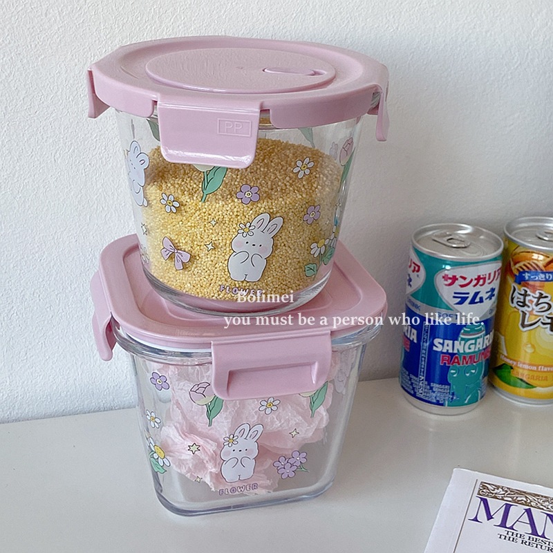 Bolimei Huajian Rabbit heat-resistant glass food storage box, food storage bowl with lid seal, bento box, glass bowl full figure