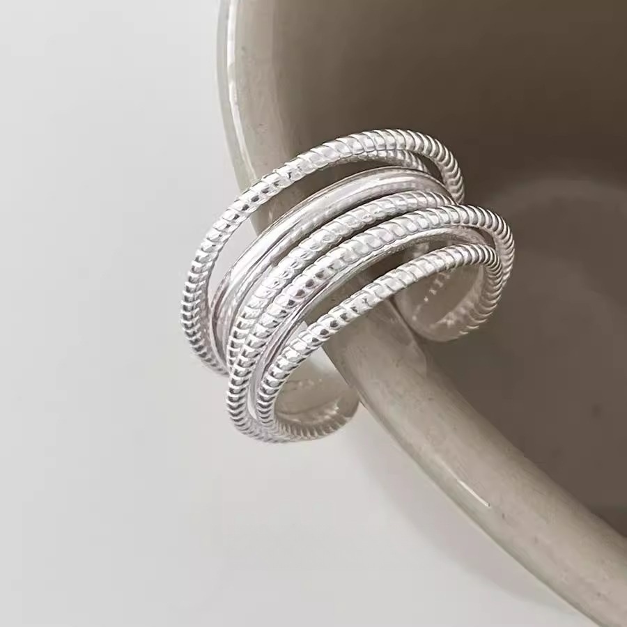 Layered heavy industry multi-layer threaded smooth line ring for women, 925 silver, niche design, high-end open ring Item Picture
