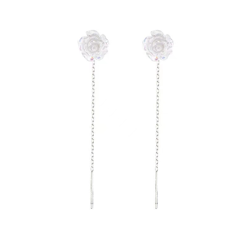 The 2025 new style of iridescent white rose ear thread women's light luxury high-end fringed ear stud elegant earrings 925 Item Picture