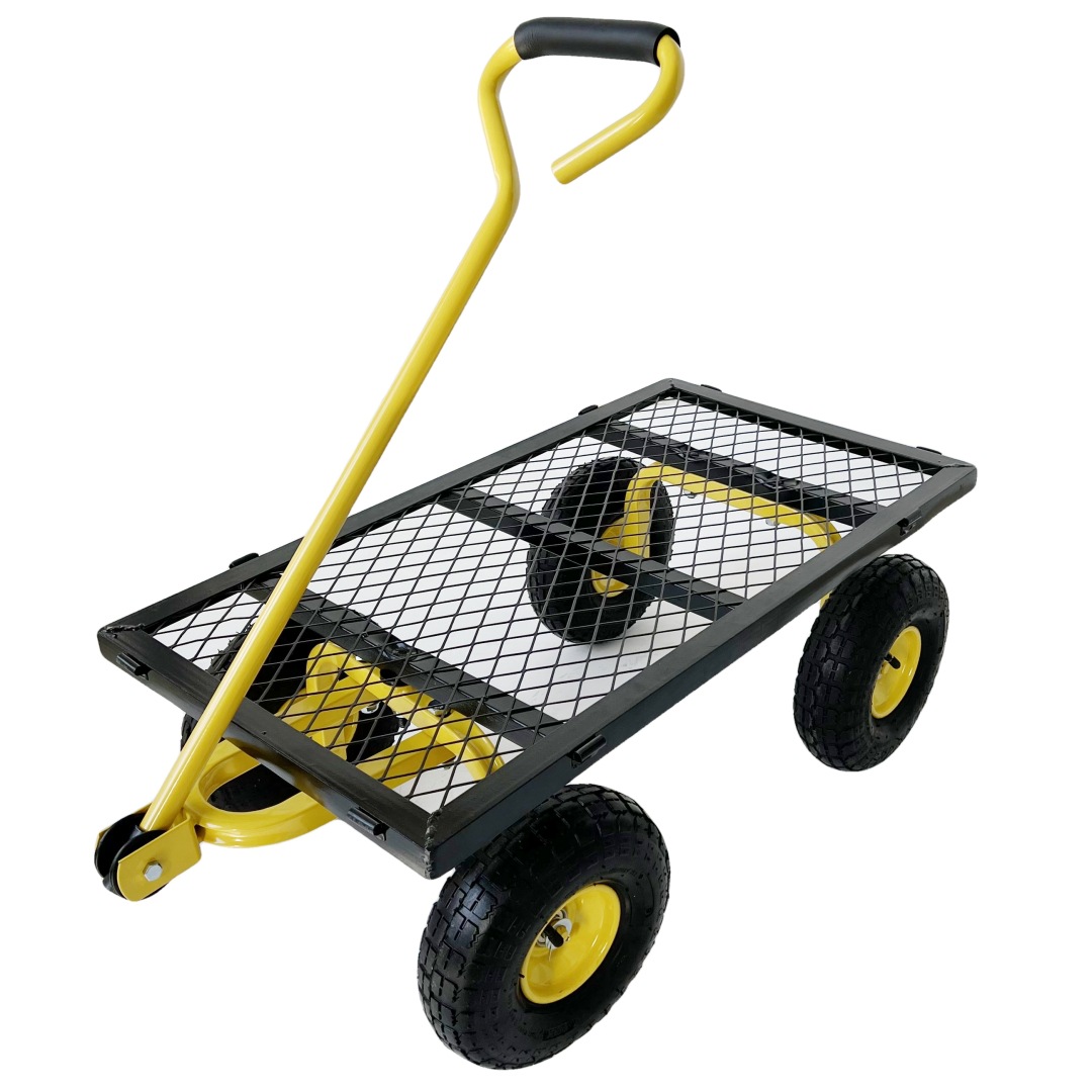 Side-detachable steel outdoor towing practical four-wheel garden trolley, heavy-duty durable steel mesh transport trolley Application Scenario