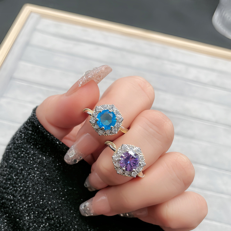 A sweet and cool European and American bouquet purple diamond open ring for women, with a light luxury and high-end feel, fashionable and elegant, and a niche design sense details Picture