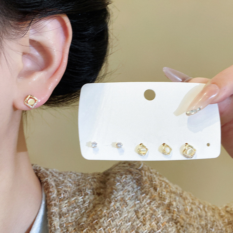 S925 Silver Needle square cat's eye stone ear Stud Women's six-piece set, small and exquisite micro-inlaid high-end earrings, light luxury earrings details Picture