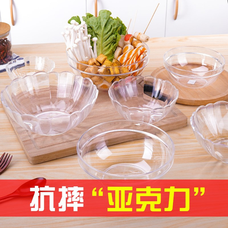 Transparent vegetable and fruit salad bowl, plastic round acrylic restaurant tea bowl, durable salad basin, slanted bowl details Picture