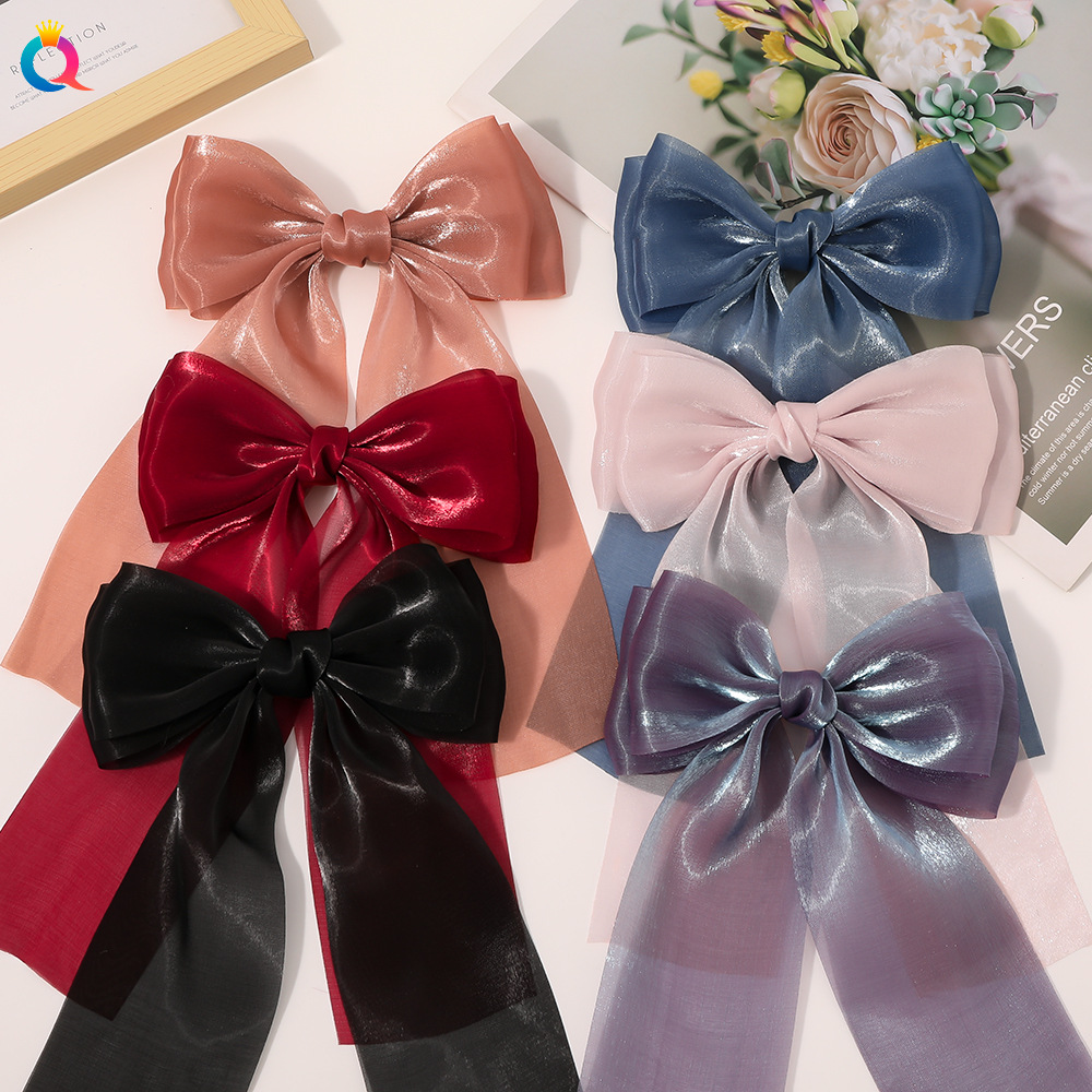 New Qiyue Korean version ribbon bow hair clip, long shiny yarn bun hair clip, duckbill clip, edge clip hair accessory full figure