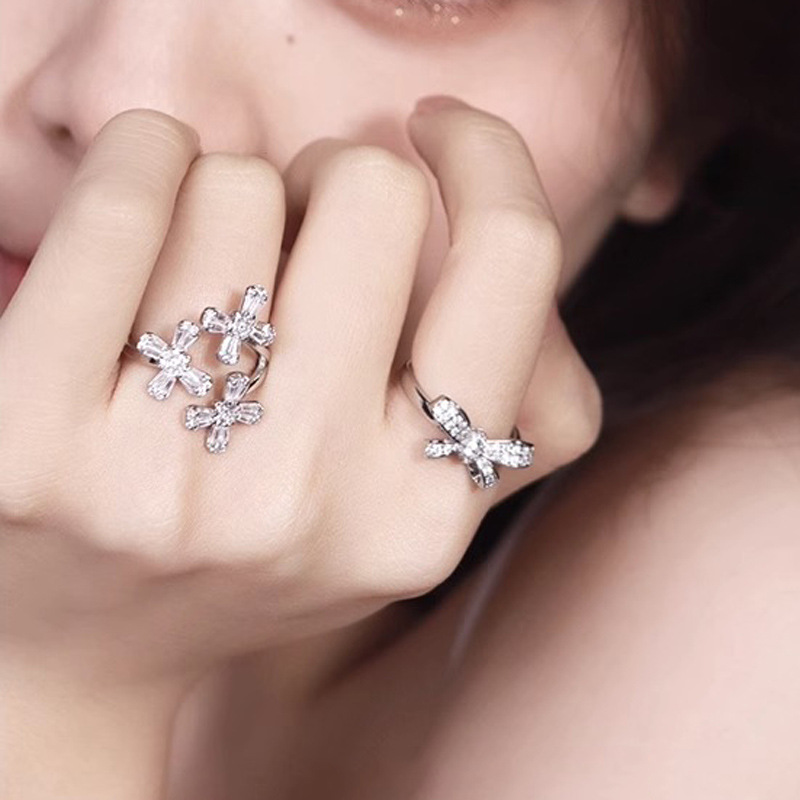 French super fairy bow flower full diamond zircon open ring for women, light luxury and high-end, sweet and cool layered food ring details Picture