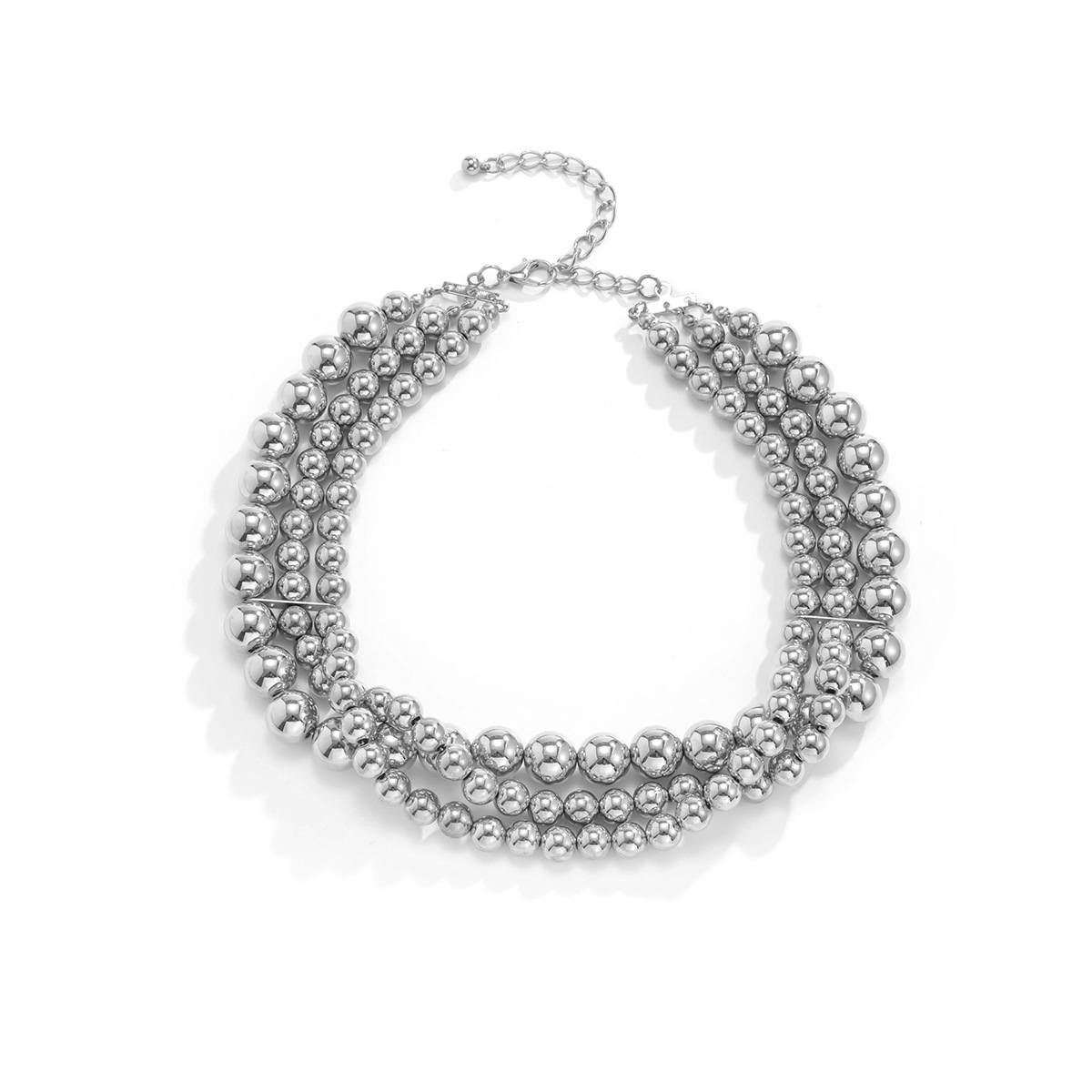 European and American cross-border jewelry, exaggerated beaded multi-layer layered punk necklace, niche and simple round beaded chain necklace for women Item Picture