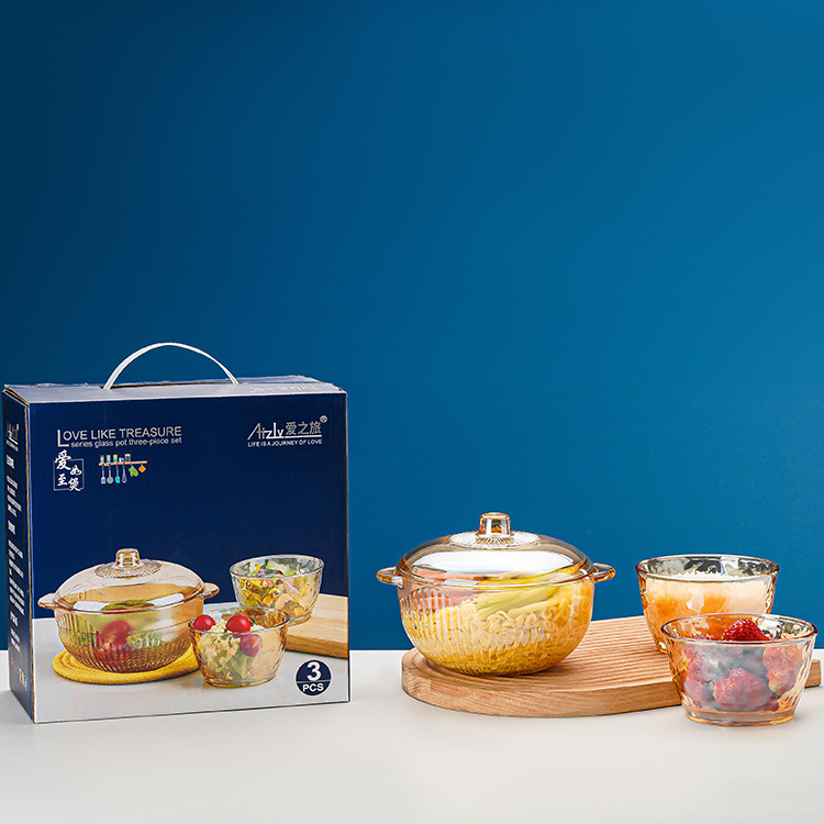 European-style glass crystal pot manufacturer, glass bowl, tea-colored double-ear covered instant noodle bowl, salad bowl, amber glass pot full figure