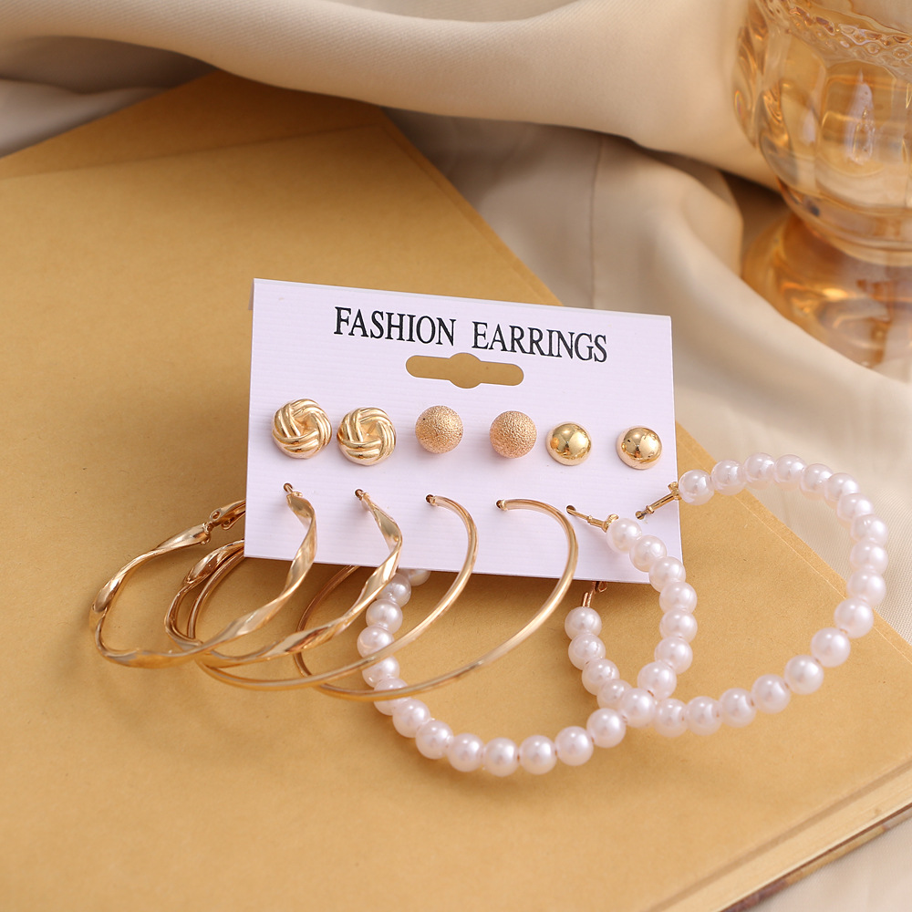 A new 6-piece set of retro geometric pearl earrings in the Korean jewelry world, featuring exaggerated large hoop earrings from Europe and America, HZS2193 Specification drawing