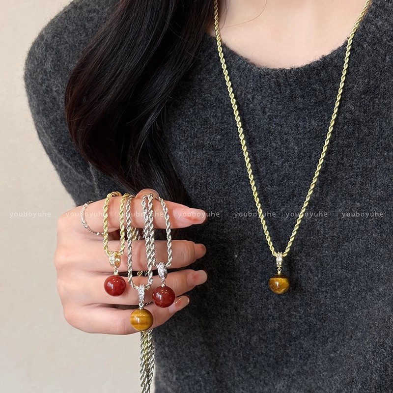 Tiger's eye stone necklace, light luxury and niche design, sweater chain, feminine charm, collarbone chain, Maillard necklace Specification drawing