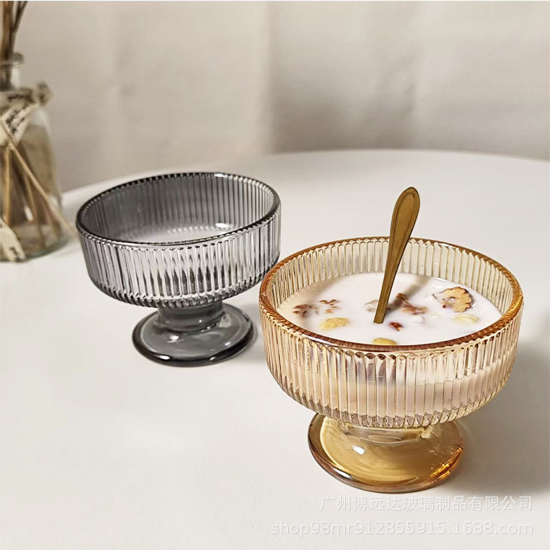 Vertical striped ash dessert bowl, high appearance level, household girls, summer pudding, milkshake, ice cream, high leg glass bowl Specification drawing