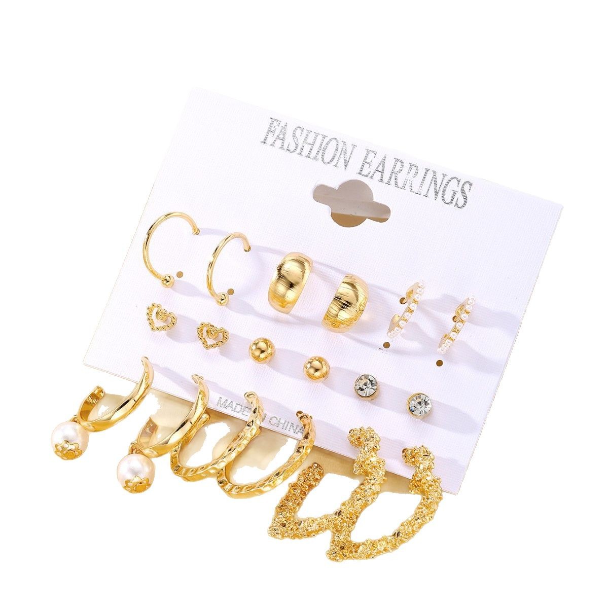 European and American cross-border best-selling retro exaggerated women 's heart-shaped stud twisted pearl earrings 9-piece set earrings Item Picture