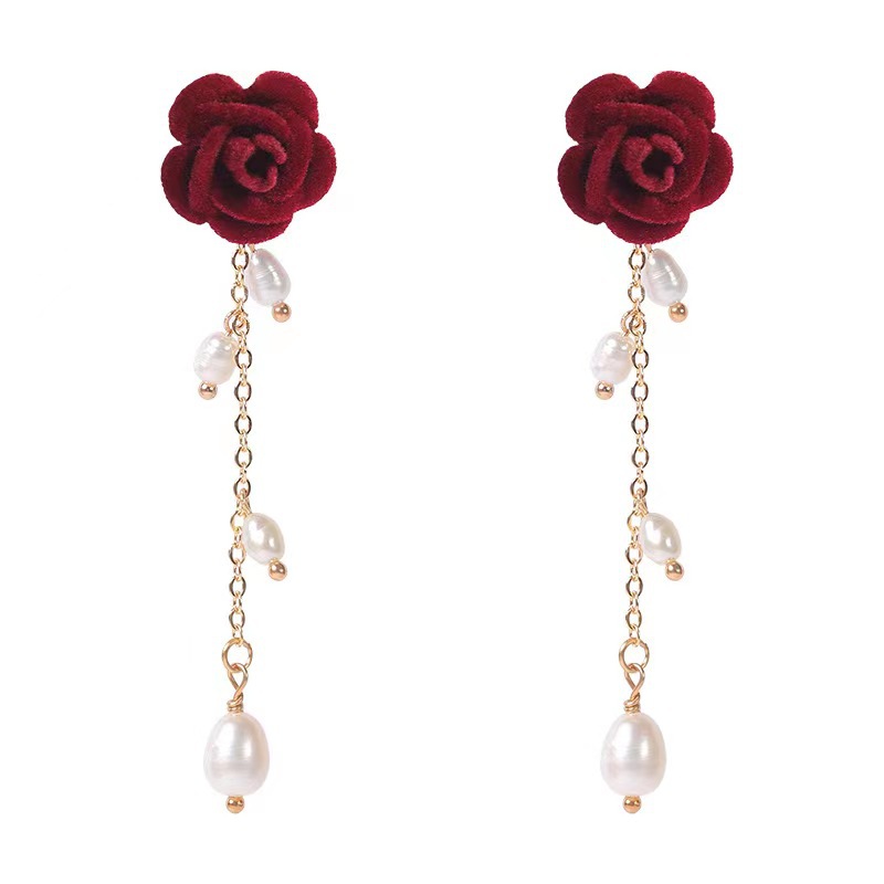 Flocked rose pearl tassel earrings for women during the Spring Festival, autumn, winter and Christmas, 2025 new style best-selling earrings Item Picture