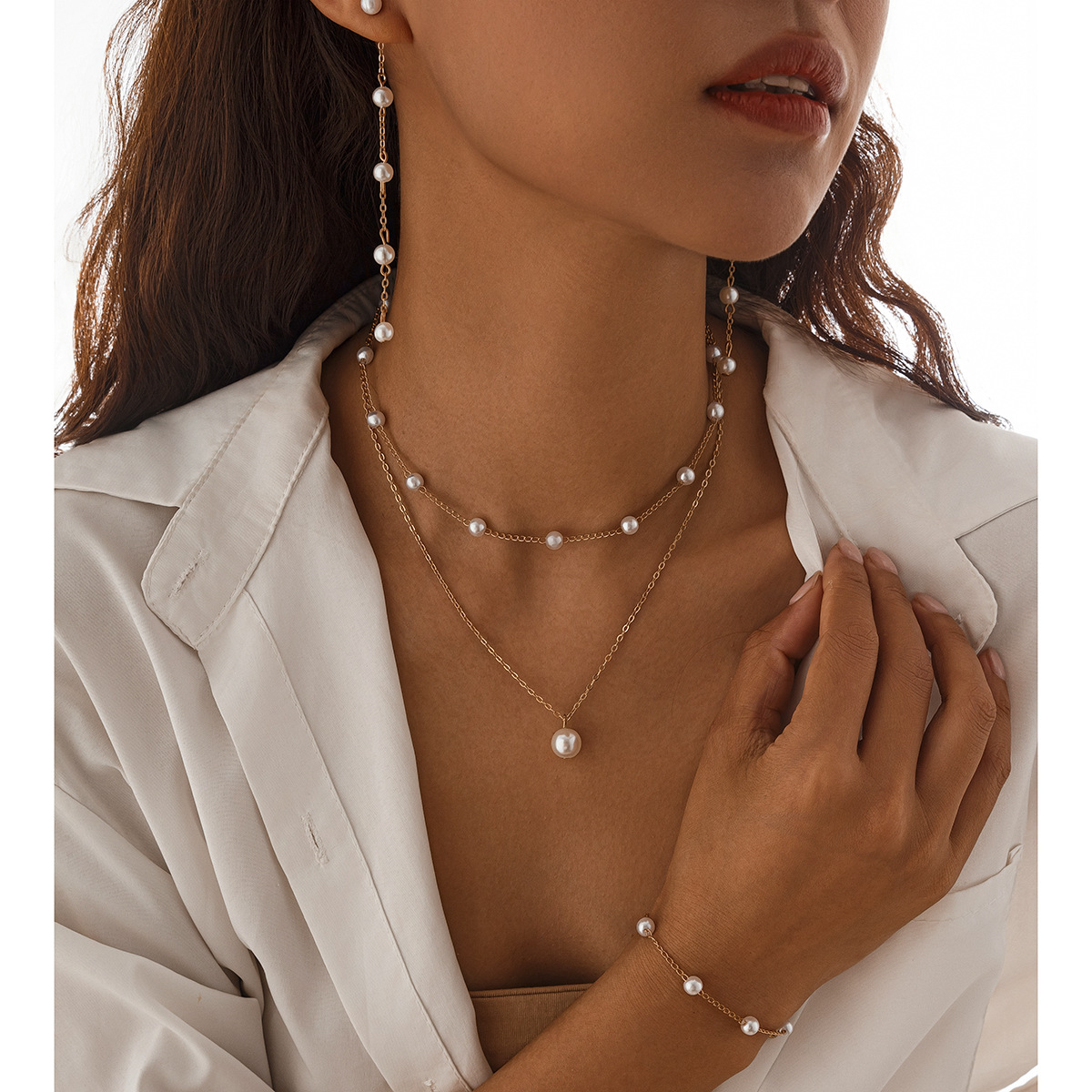 European and American cross-border jewelry fashion imitation pearl cross chain set necklace, high-end alloy iron chain collarbone chain details Picture