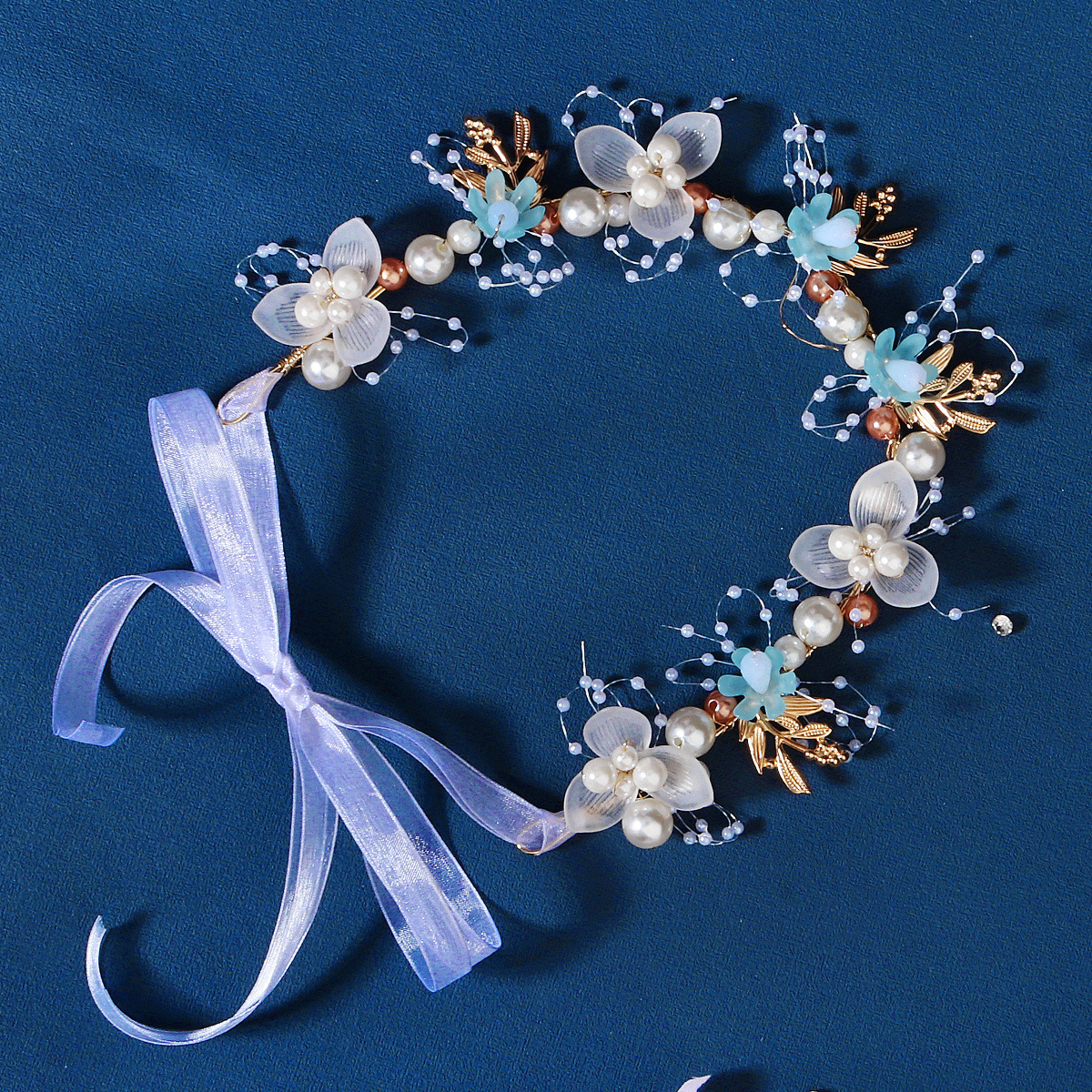 New sweet bride headband, handcrafted beaded children's hair accessory, golden leaf brined headband, pearl flower headband Specification drawing