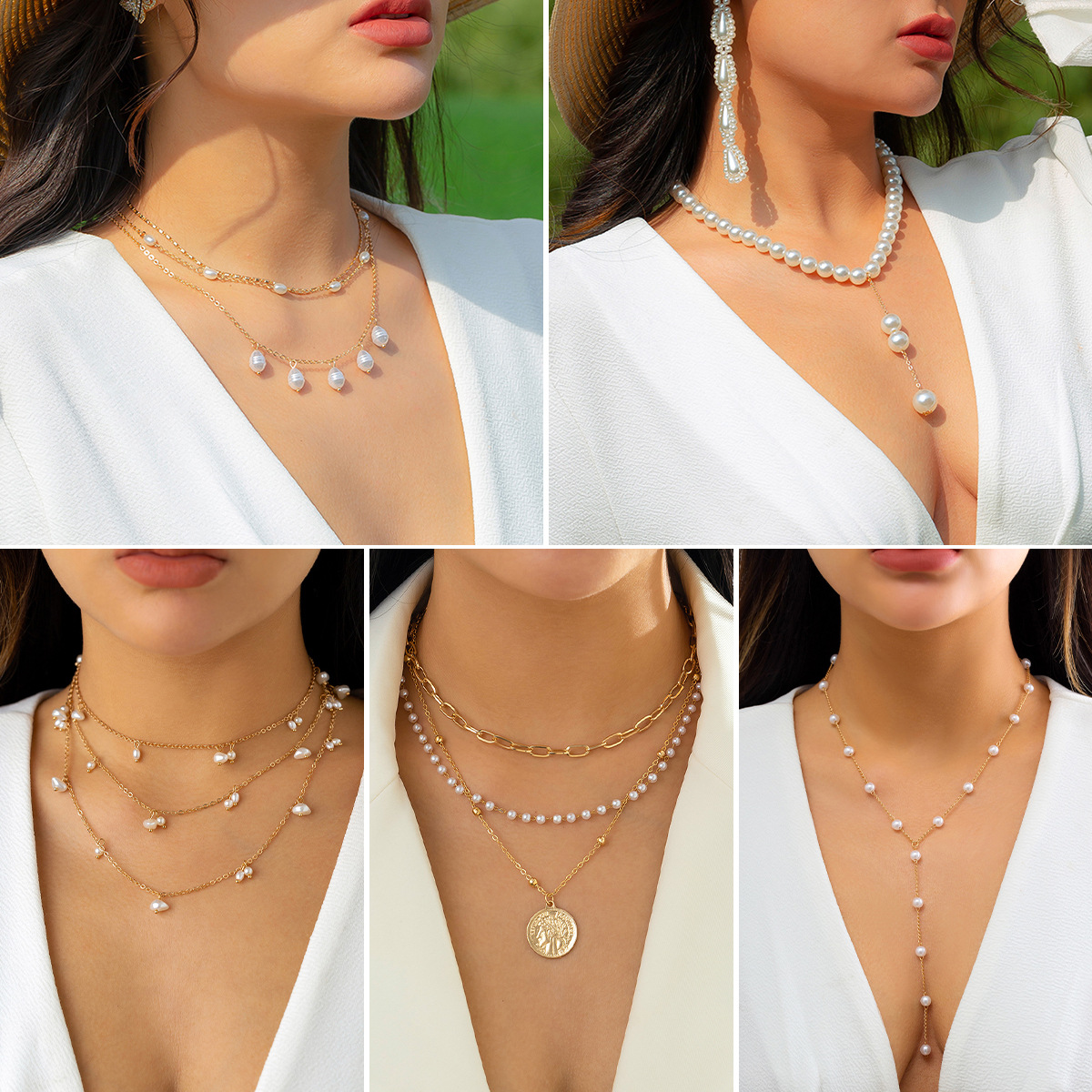 European and American cross-border jewelry, French simple stacked long pearl necklace, retro cold style, sweet and cool necklace full figure