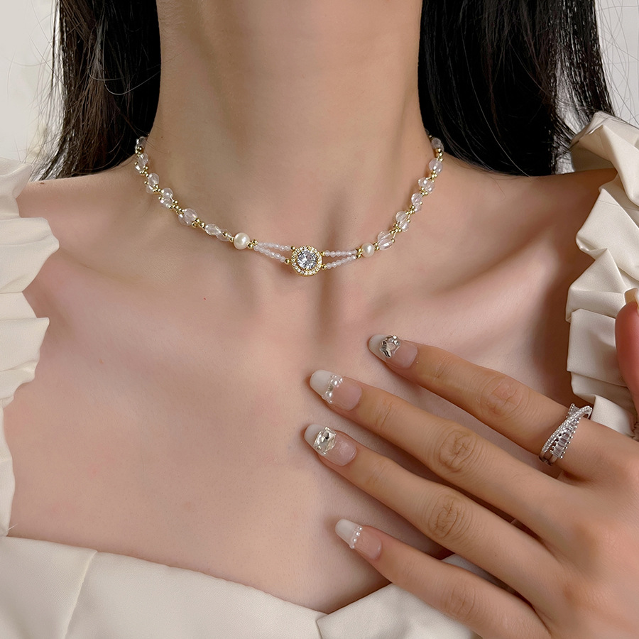 Cut crystal freshwater pearl necklace for women, new round collarbone chain, light luxury and niche necklace full figure