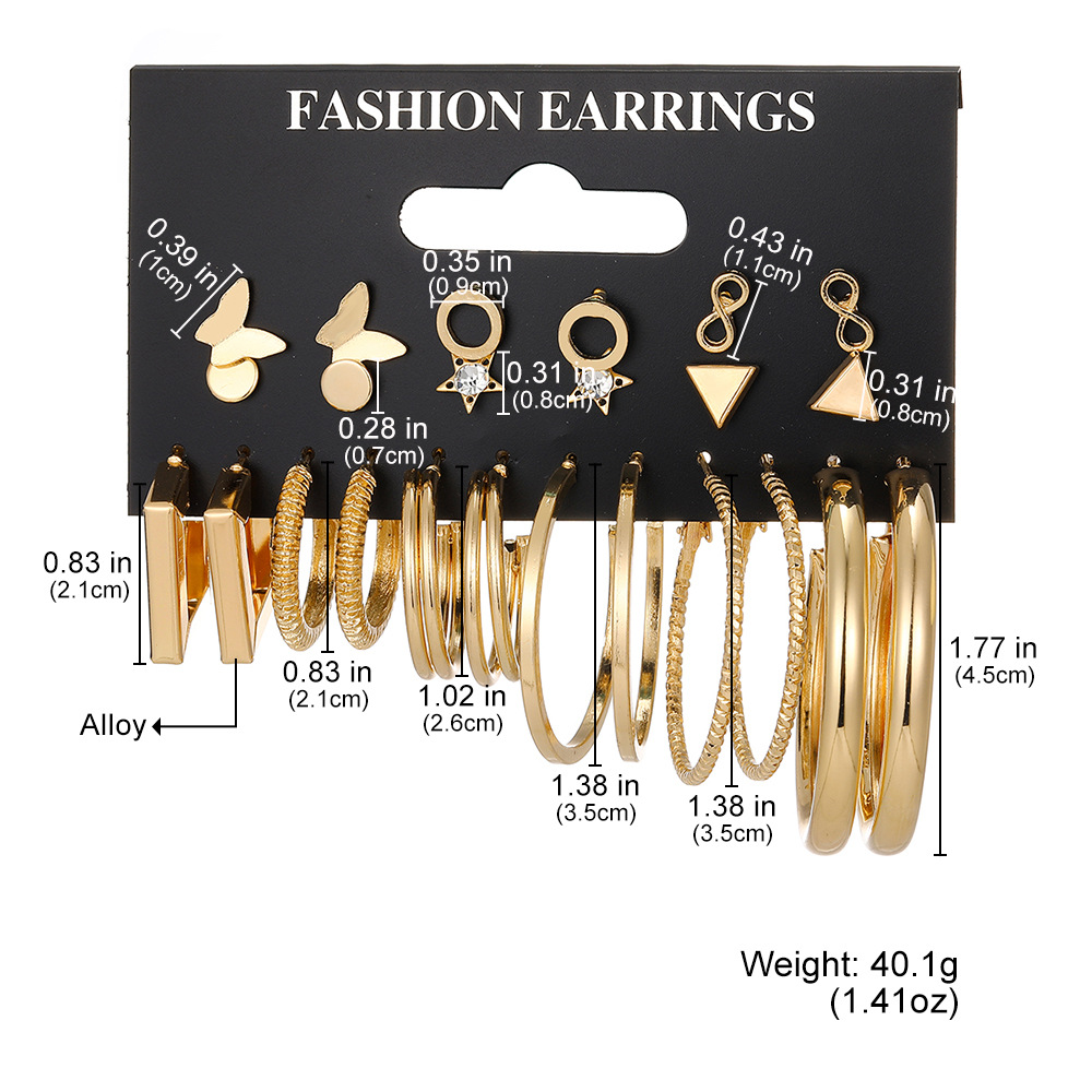 New cross-border alloy butterfly set earrings, fashionable and individual 8-shaped star butterfly circle earrings, 12-piece gold set details Picture