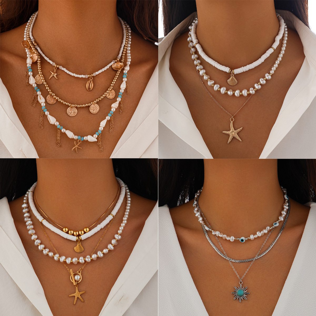 European and American cross-border jewelry, ins starfish imitation pearl necklace set, niche alloy irregular multi-layer collarbone chain full figure