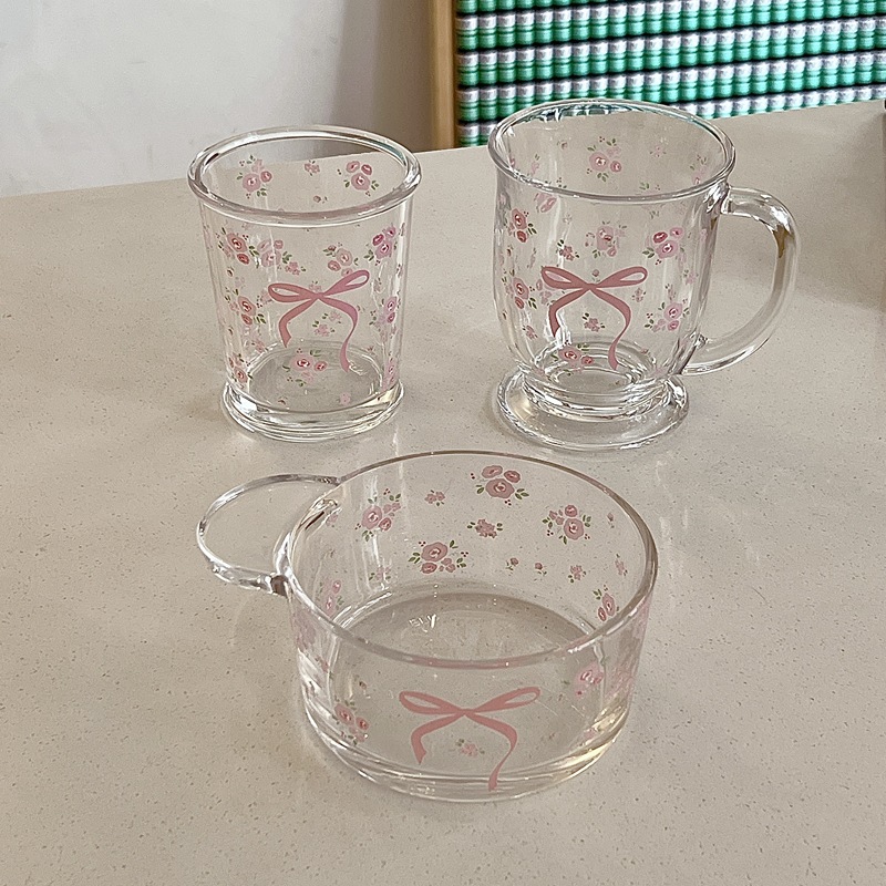 Original French rose glass cup, bow floral cold brew cup, couple milk cup, coffee breakfast cup with a girlish heart Application Scenario
