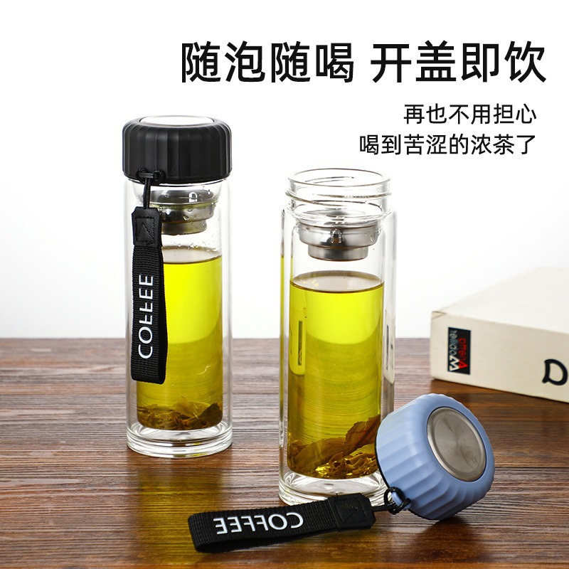 Double-layer glass cup with tea strout, high-temperature resistant household tea brewing cup, heat-insulating office water cup, high borosilicate car cup details Picture