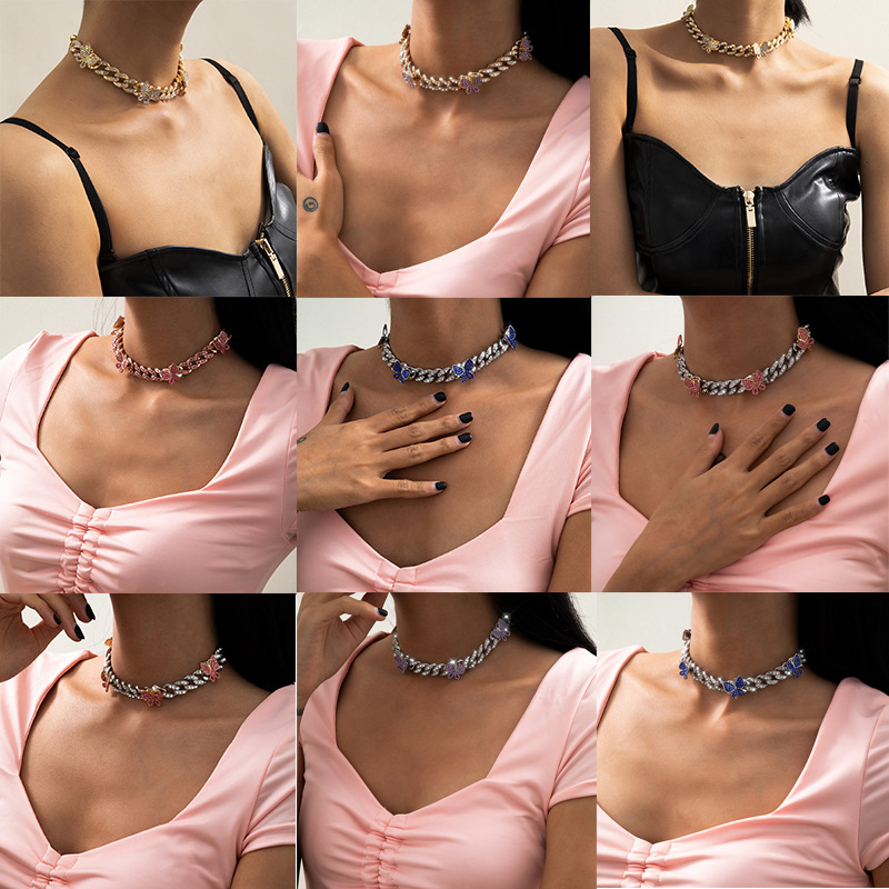 European and American cross-border accessories, unique and cool hip-hop colorful diamond-encrusted butterfly necklace, fashionable Cuban adjustable necklace for women Specification drawing