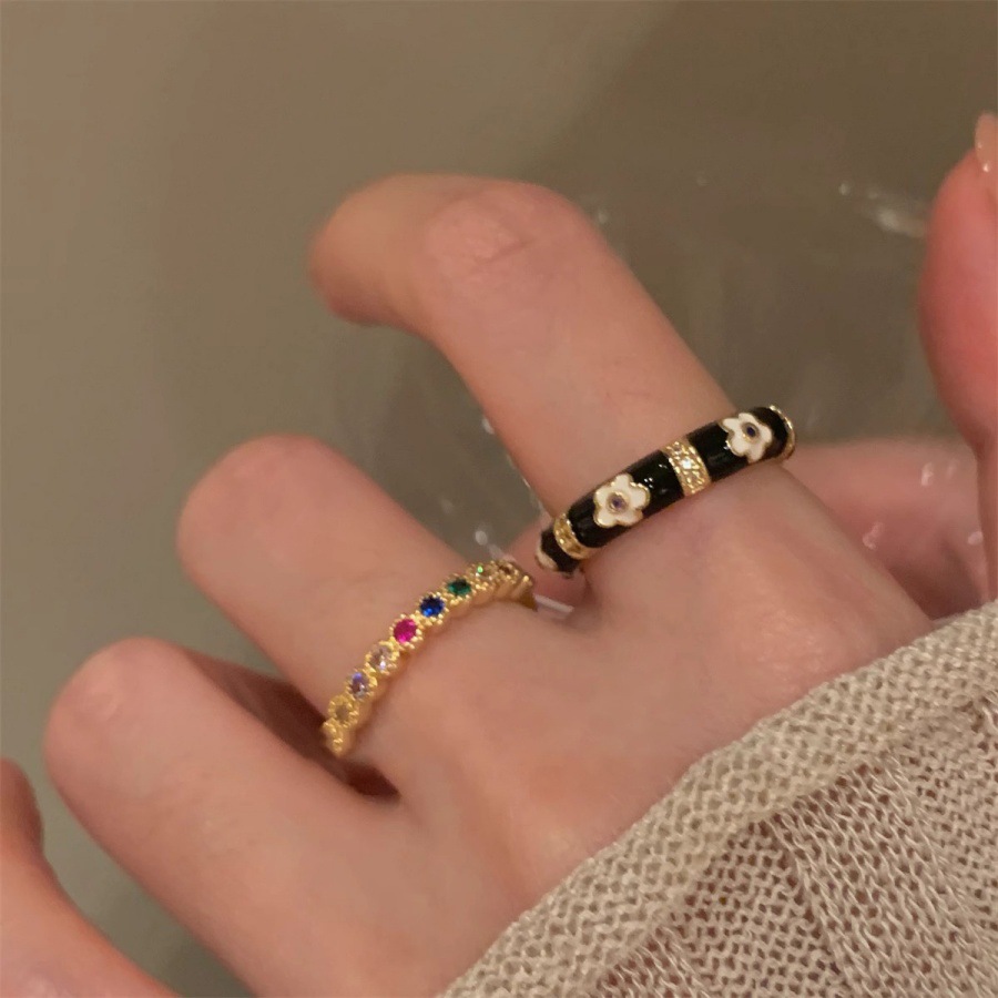 French retro colored zircon black drip glaze flower ring, a unique and high-end female, versatile and exquisite open ring Item Picture