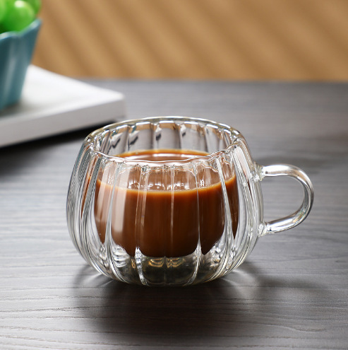 Wholesale household vertical pattern double-layer glass cups, high appearance level heat insulation and anti-scald drinking cups, breakfast milk, juice and coffee cups Specification drawing
