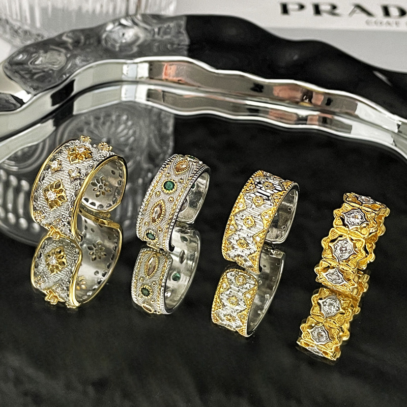 Italian court-style brushed zircon exquisite open ring, fashionable, sweet, cool, versatile and niche two-color ring Specification drawing