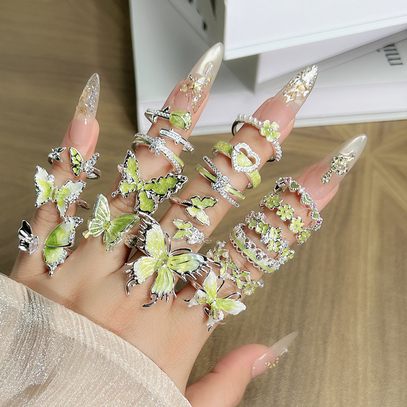 French light green enamel butterfly flower open ring for women's ins, cold style, exquisite and high-end, versatile index finger ring full figure