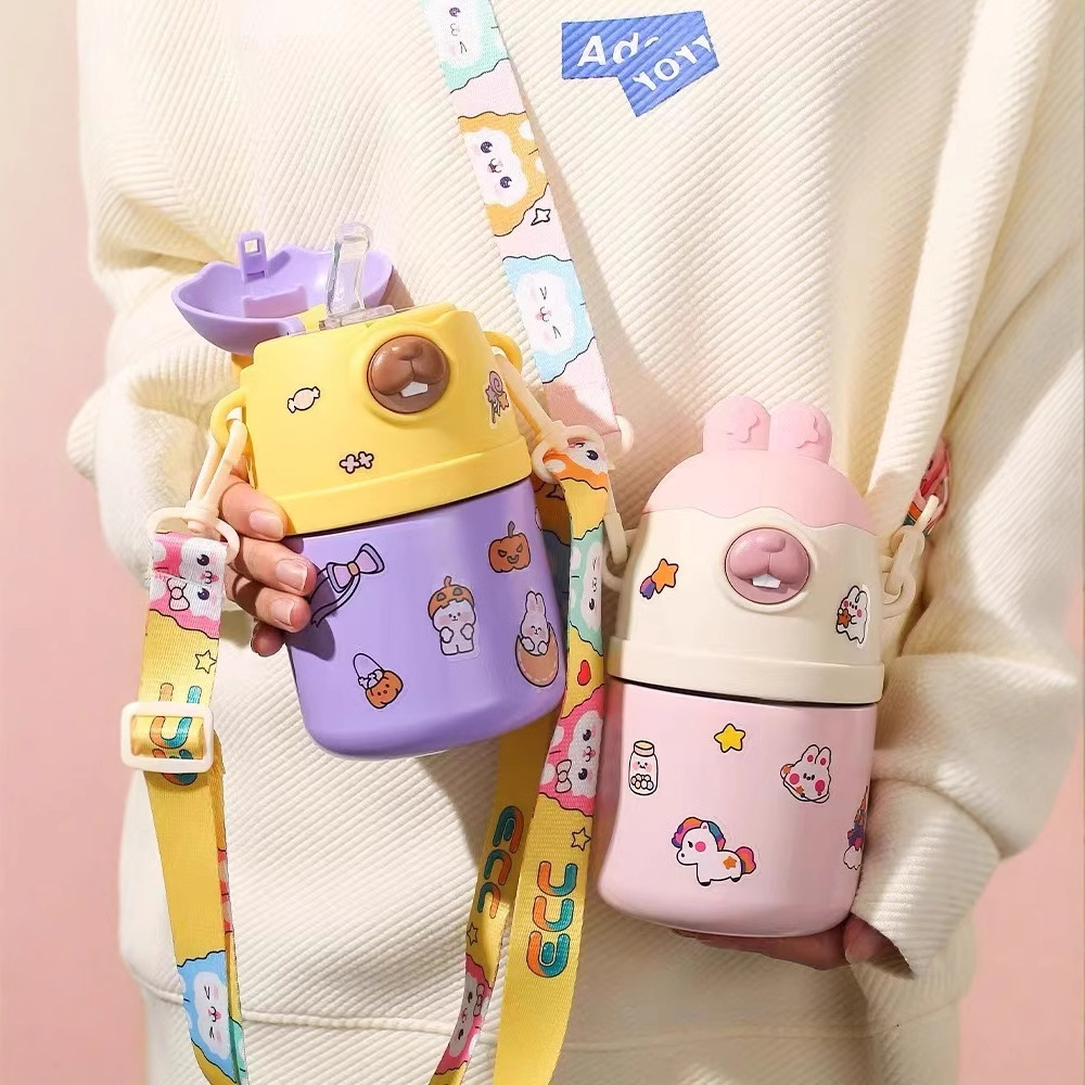 Wholesale new 316 stainless steel children's insulated cups, outdoor water bottles, bucktoothed rabbit student shoulder strap insulated cups from the manufacturer Application Scenario