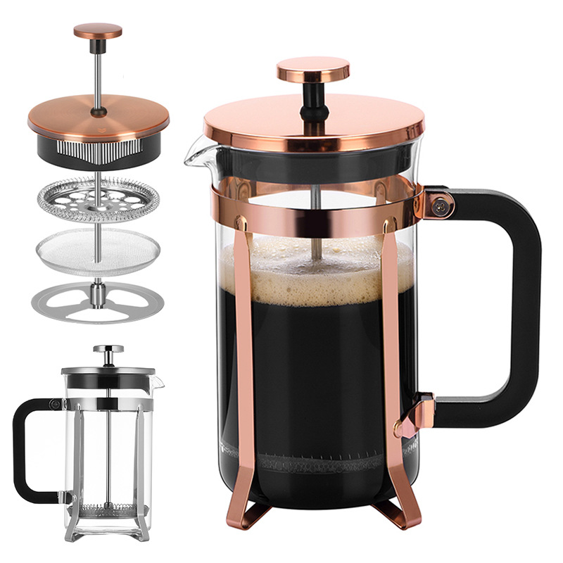 Wholesale French press, high borosilicate glass, household rose gold hand-brewed coffee pot, stainless steel filter extraction tea brewer full figure