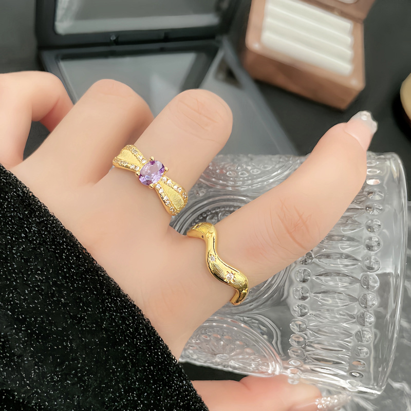 French light luxury retro purple brushed wave sweet and cool open ring, women's fashionable texture, niche and versatile index finger ring full figure