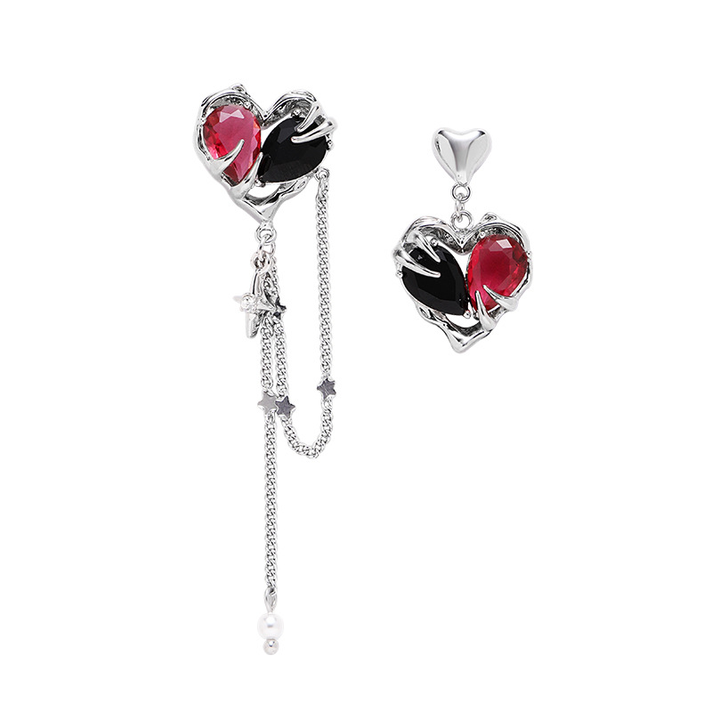 Original rose red and black glass heart-shaped earrings, light luxury and high-end style, ins long earrings, fashionable and individual earrings for women Item Picture
