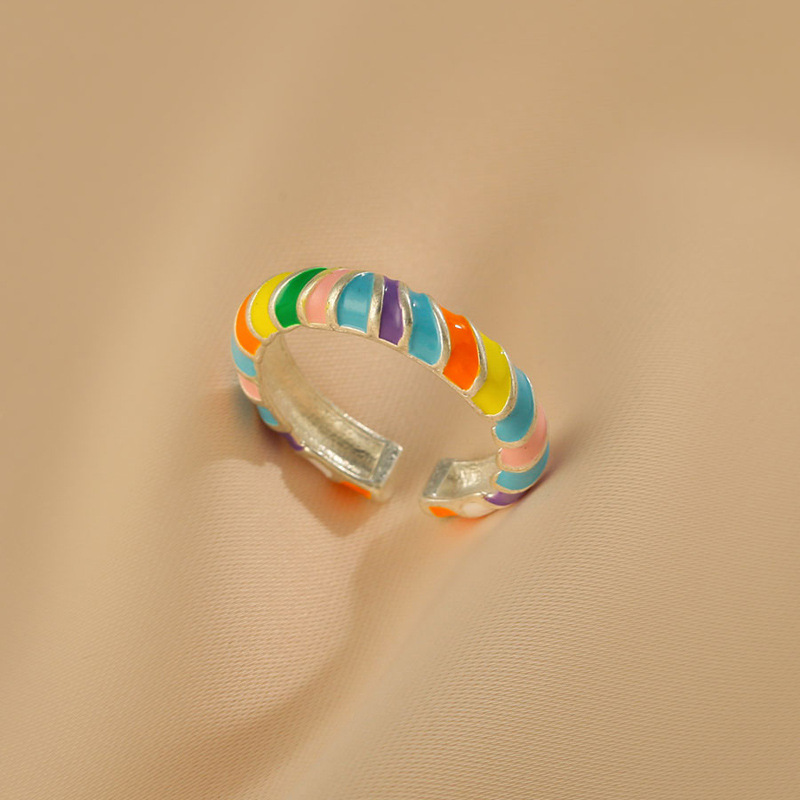 Sweet and cool retro drip glaze rainbow dopamine ring, a high-end female summer personality, sweet candy-colored open ring Specification drawing