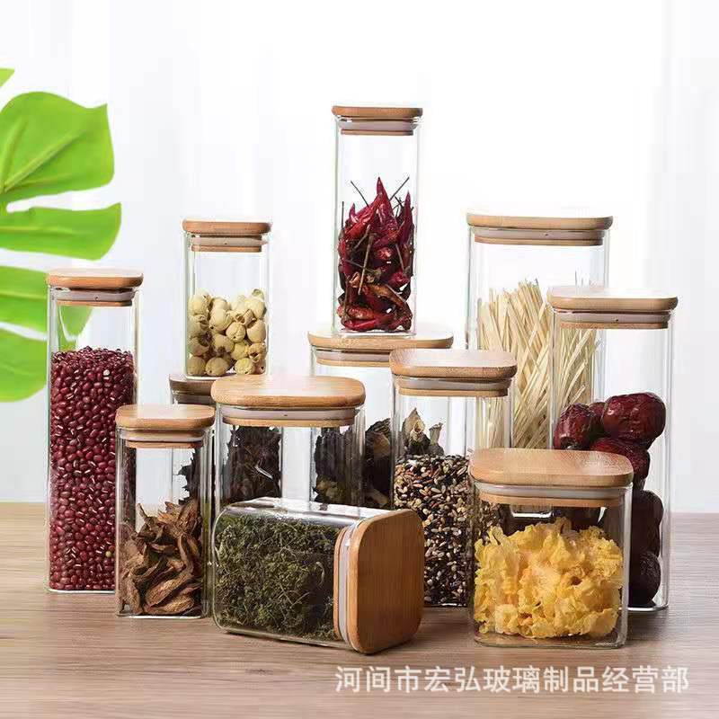 Square sealed jar, large-capacity glass jar, household kitchen organizing and storage jar, moisture-proof bamboo lid tea jar Specification drawing