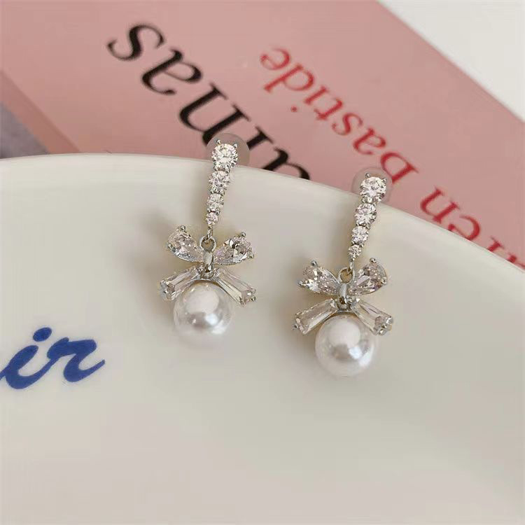 s925 Zircon Bow Pearl Pendant Earrings for women, light luxury, high-end, niche, sweet and versatile stud earrings details Picture