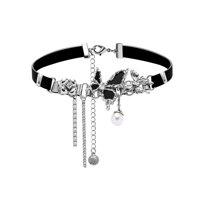 Butterfly pearl necklace, women's light luxury wholesale, high-end new Chinese style black leather collar, hip-hop trend versatile necklace Item Picture
