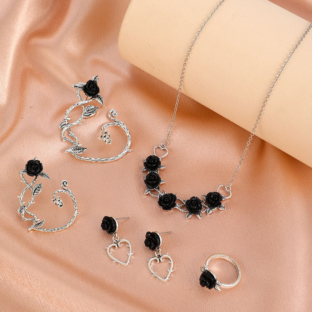 European and American cross-border simple rose necklace ring, retro simple three-dimensional flower ear clip and stud set for Valentine's Day Specification drawing