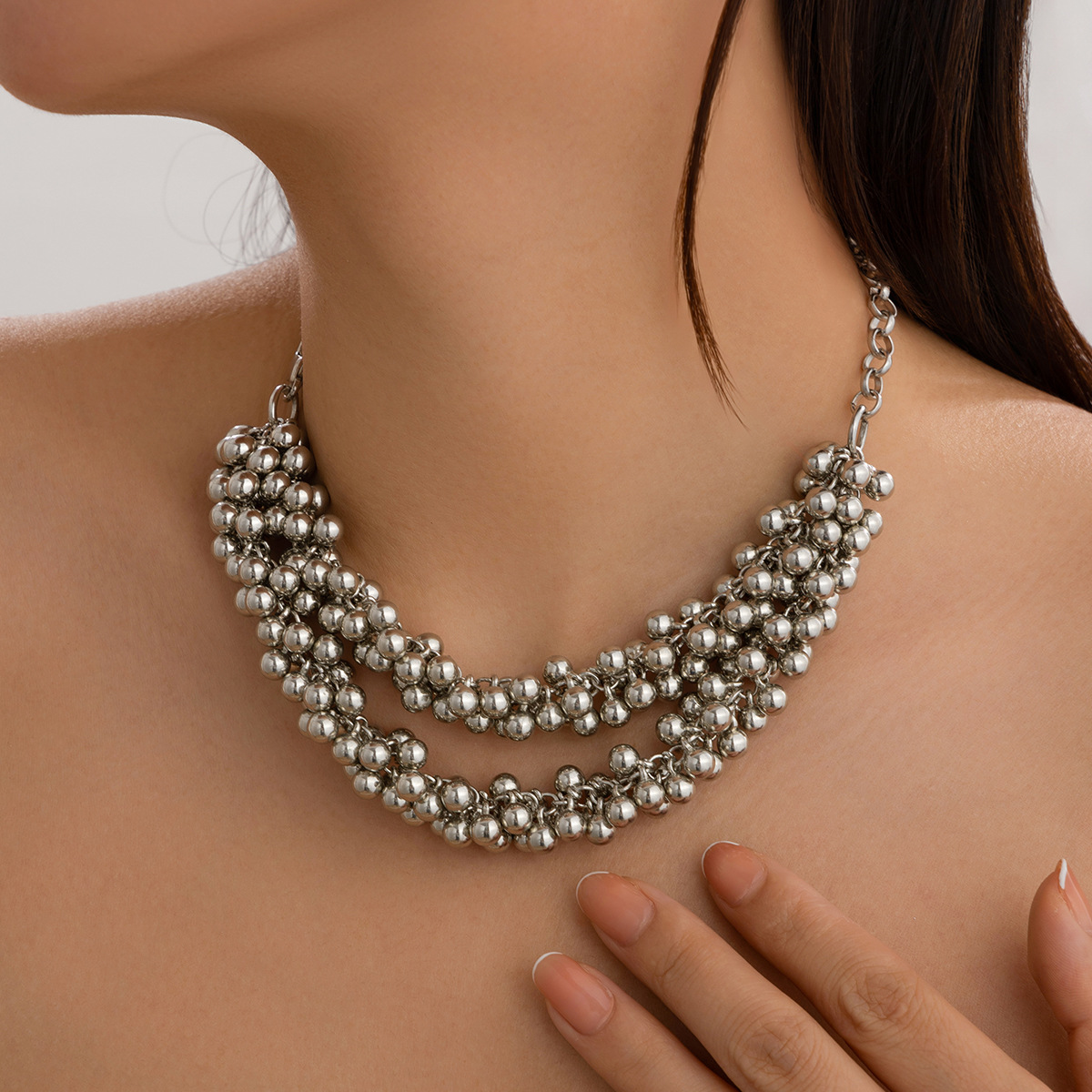 European and American cross-border jewelry, InS-style multi-layer CCB round bead necklace, simple and niche design metal necklace details Picture