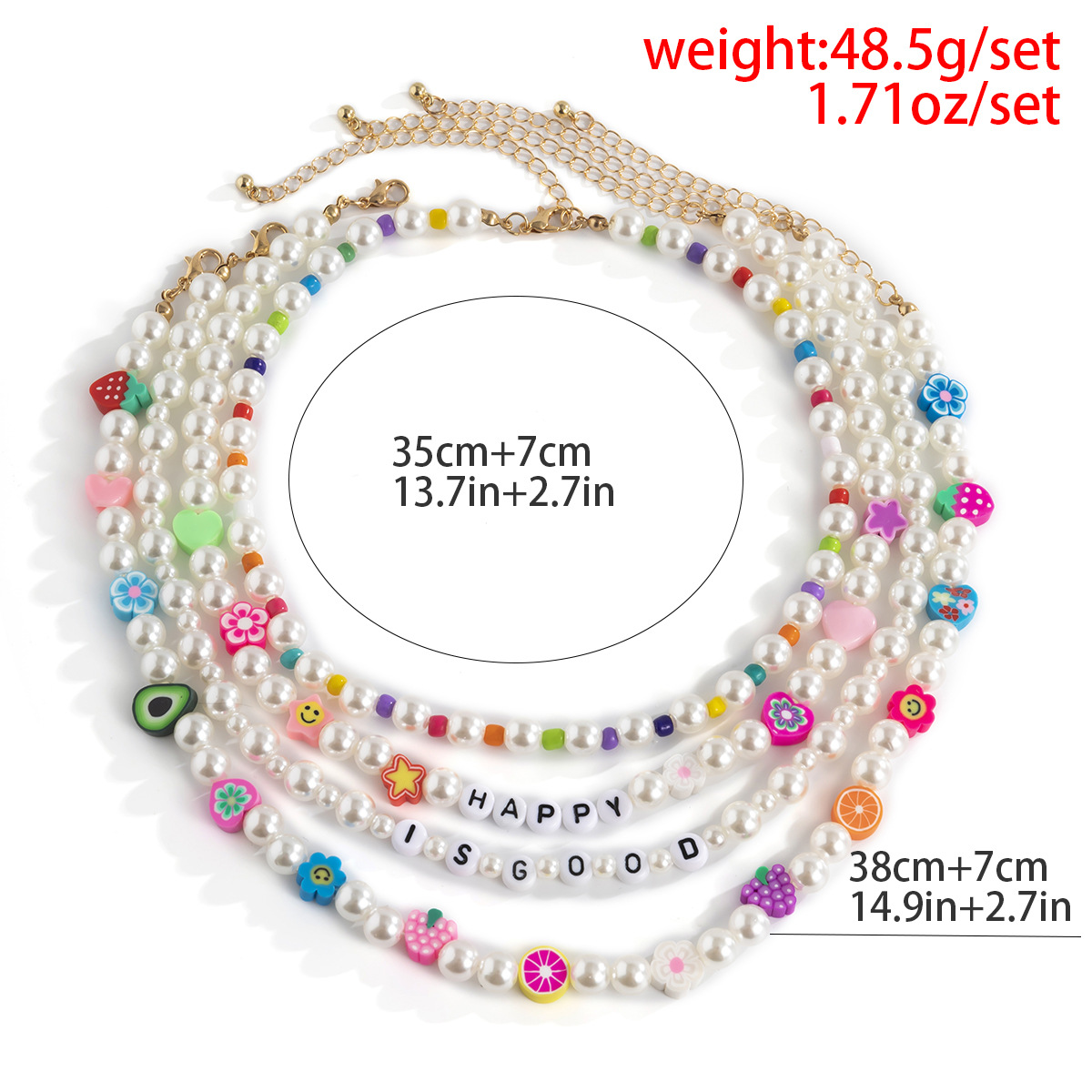 A pastoral and fresh, color-blocking fruit soft clay layered necklace, a retro European and American imitation pearl acrylic letter collarbone chain Application Scenario