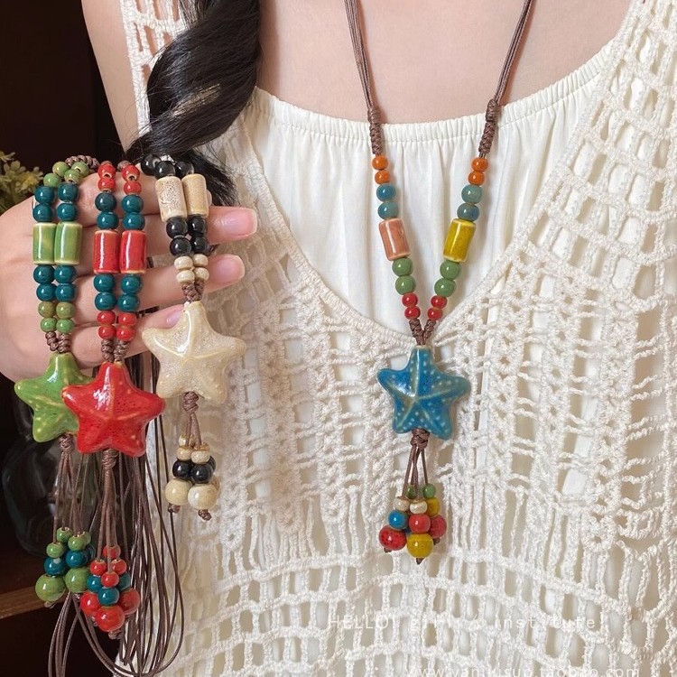 New Chinese-style colored ceramic beaded star necklace for women, Bohemian retro ethnic style long sweater chain accessory full figure