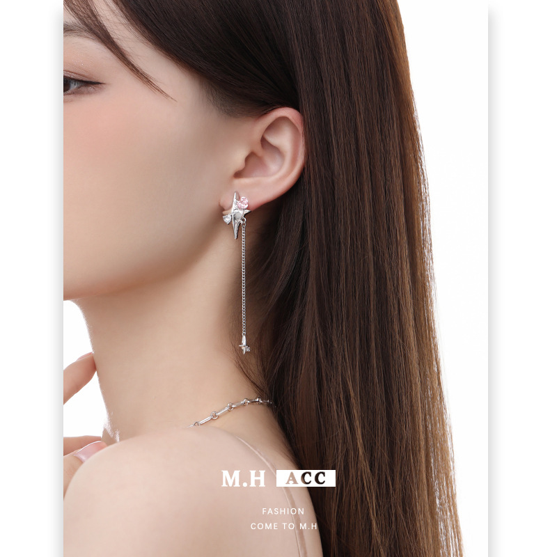 Original four-pointed star rose zircon earrings, a niche high-end sweet and cool style, long tassel simple earrings for women details Picture