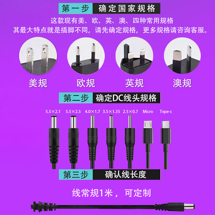 3V1A power adapter, American and European standard atomizer, radio, toy, LED light, monitoring power supply, charging cable Application Scenario