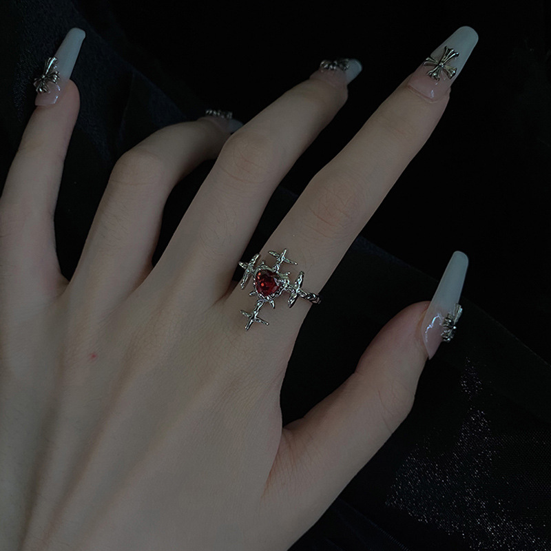 Hip-hop personality, niche design, dark cross open ring, female heart, red zircon, cool and fashionable ring details Picture