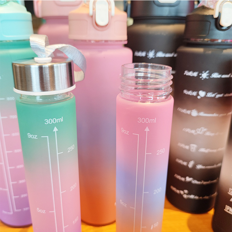 Gradient three-piece set, large capacity straw, PET plastic cup with scale, fitness outdoor, summer sports cold water cup details Picture