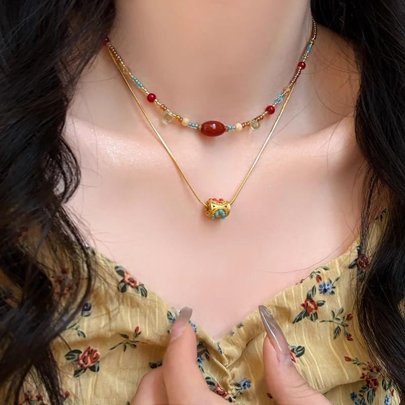 New Chinese-style dopamine colorful beaded necklace for women, Spring/Summer 2025 new collarbone chain double-layer stacked neckchain accessory Specification drawing