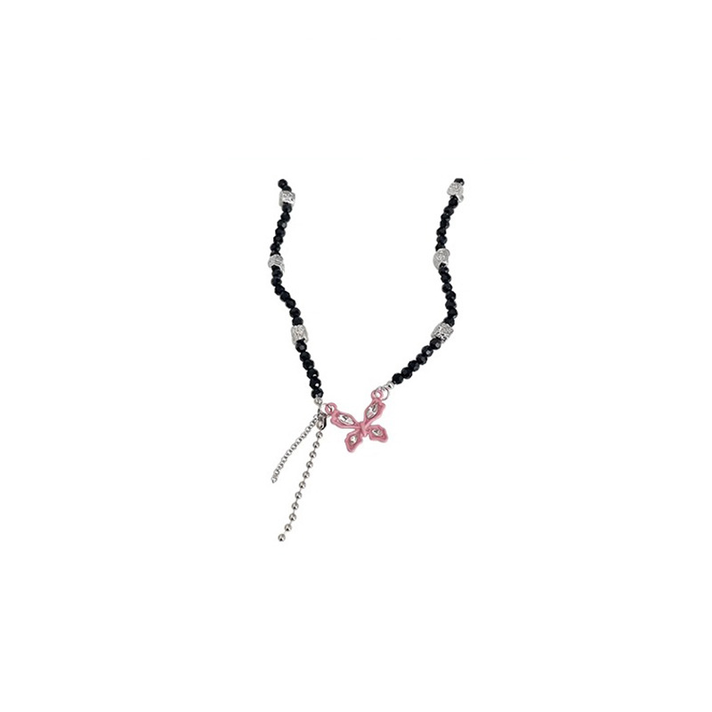 Sweetheart Barbie ~ Pink butterfly tassel necklace, feminine hip-hop girl, trendy and cool personality, beaded collarbone chain Item Picture