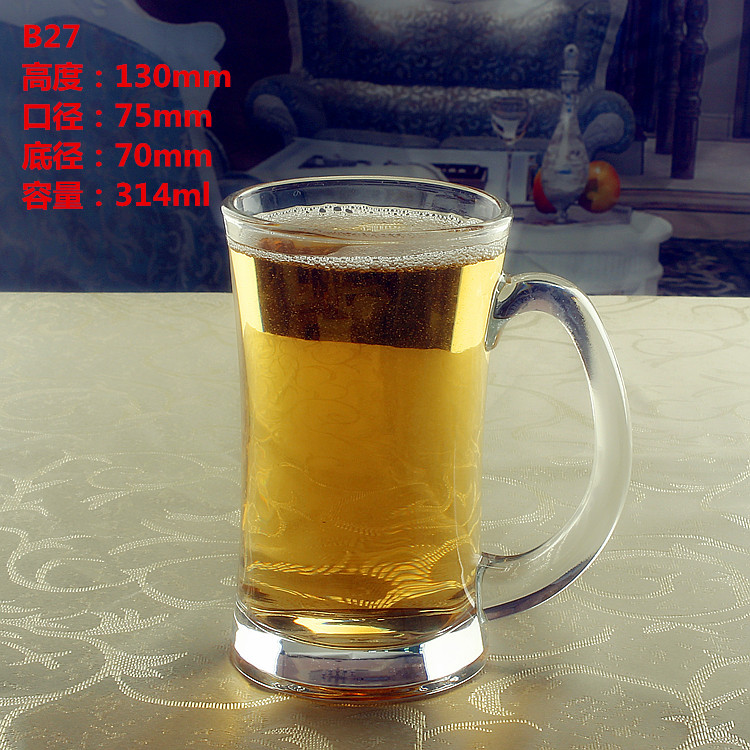 Thickened transparent glass beer mugs, large-capacity glass cups with handles, tea cups, milk tea cups, draft beer cups, and can be printed with logos Specification drawing