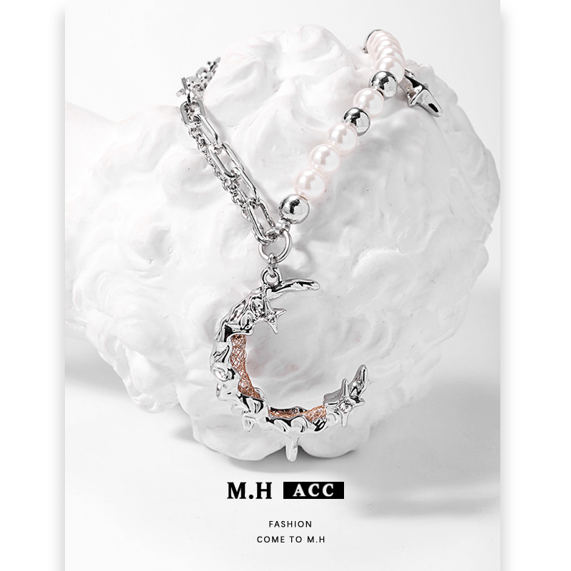 Silver moon pearl necklace with a unique and high-end feminine touch, Korean InS-style collarbone chain, original fashion and versatile pendant Specification drawing