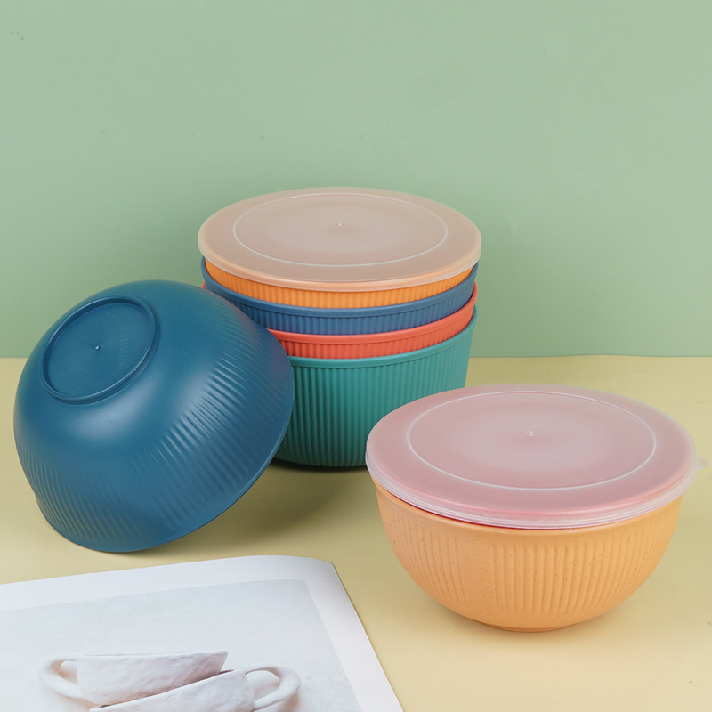 Cross-border vertical pattern 15cm plastic bowl with lid, large capacity household wheat soup bowl, student lunch, durable rice bowl wholesale details Picture